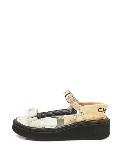 Pre-owned Chanel Quilted Buckle-strap Sandals In White
