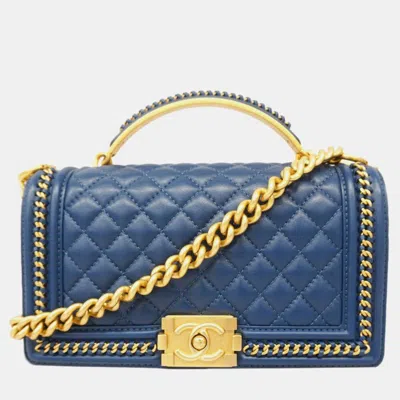 Pre-owned Chanel Quilted Calfskin Old Medium Chain Handle Boy Flap Bag In Blue