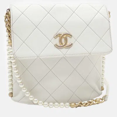 Pre-owned Chanel Quilted Calfskin Small Chain Flap Shoulder Bag In White