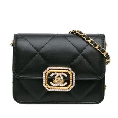Pre-owned Chanel Quilted Calfskin Strass Card Holder On Chain In Black