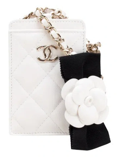 Pre-owned Chanel Quilted Camellia Card Holder On Chain In White