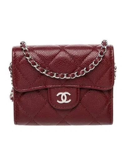 Pre-owned Chanel Quilted Card Holder W/ Chain In Burgundy