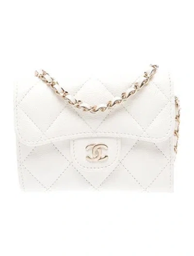 Pre-owned Chanel Quilted Card Holder W/ Chain In White