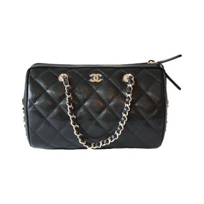 Pre-owned Chanel Quilted Caviar 25p Bowling Barrel Bag With Chain Gold Hardware Black