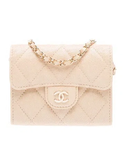 Pre-owned Chanel Quilted Caviar Card Holder On Chain In Neutrals