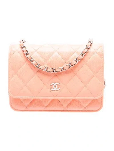 Pre-owned Chanel Quilted Caviar Classic Mini Wallet On Chain In Orange