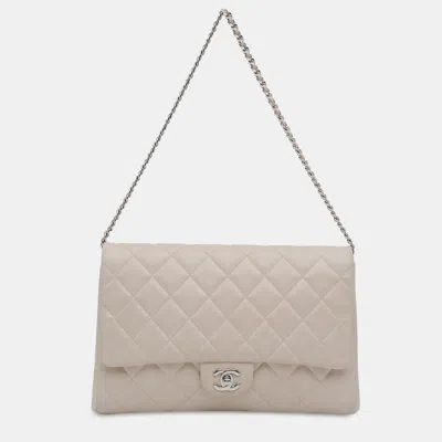 Pre-owned Chanel Quilted Caviar Flap Clutch With Chain In Beige