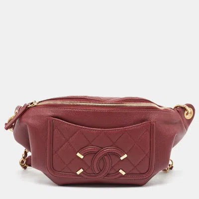Pre-owned Chanel Quilted Caviar Leather Filigree Belt Bag In Red