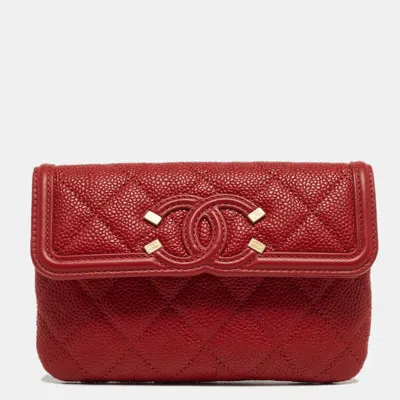 Pre-owned Chanel Quilted Caviar Leather Filigree Wallet In Red
