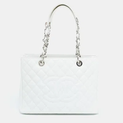 Pre-owned Chanel Quilted Caviar Leather Grand Shopping Tote In White
