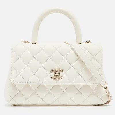 Pre-owned Chanel Quilted Caviar Leather Mini Coco Top Handle Bag In White