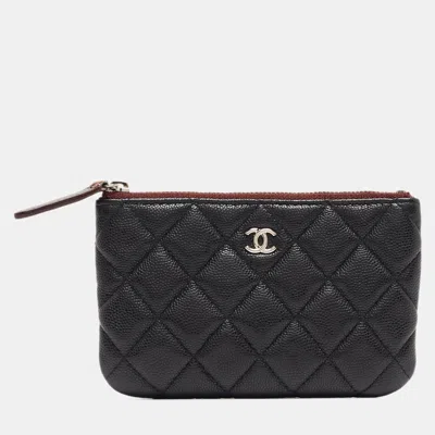 Pre-owned Chanel Quilted Caviar Leather Mini O-case Zip Pouch In Black