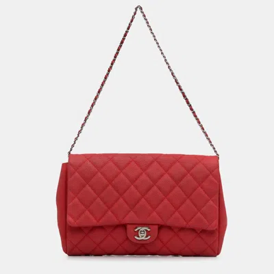 Pre-owned Chanel Quilted Caviar New Clutch On Chain In Red