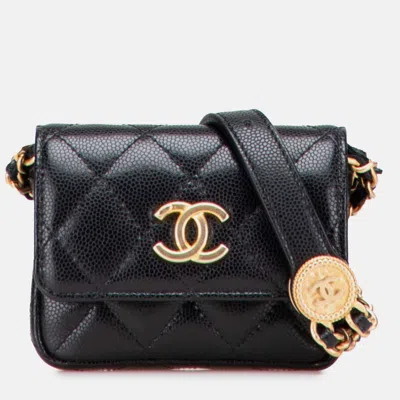 Pre-owned Chanel Quilted Caviar Twist Your Buttons Flap Chain Belt Bag In Black
