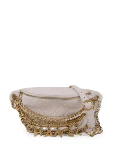Pre-owned Chanel Quilted Cc Charm Belt Bag In White