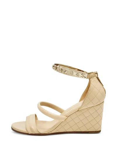 Pre-owned Chanel Quilted Cc Charm Wedge Sandals In Neutral
