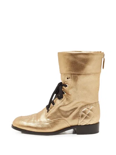 Pre-owned Chanel Quilted Cc Combat Boots In Gold