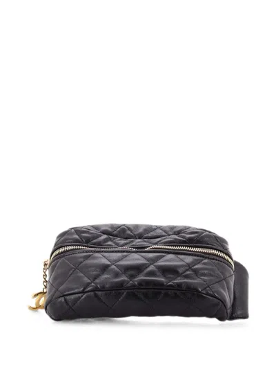 Pre-owned Chanel Quilted Cc Logo Chain Zip Waist Bag Quilted Lambskin Belt Bag In Black