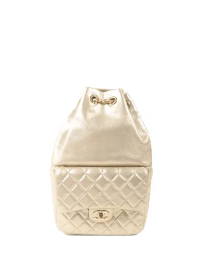 Pre-owned Chanel Quilted Cc Turn-lock Backpack In Gold