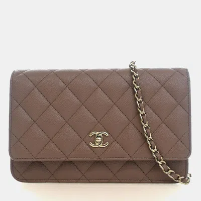 Pre-owned Chanel Quilted Cc Turnlock Brown Caviar Leather Wallet On Chain Bag