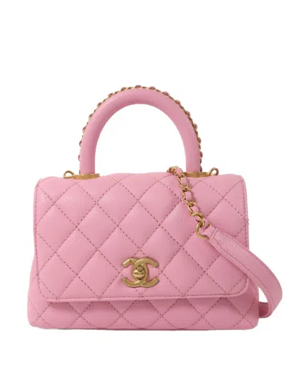 Pre-owned Chanel Quilted Cc Turn-lock Leather Tote Bag In Pink