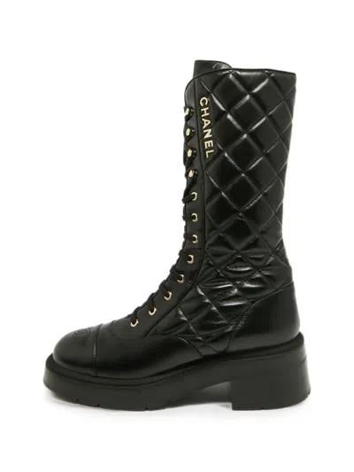 Pre-owned Chanel Quilted Cc-logo Combat Boots In Black