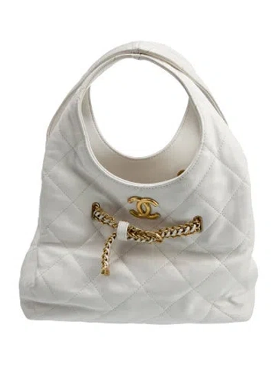 Pre-owned Chanel Quilted Chain Hobo In White