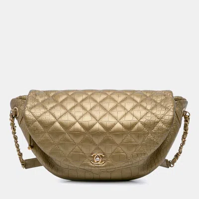 Pre-owned Chanel Quilted Croc Embossed Metallic Calfskin Easy Trip Belt Bag