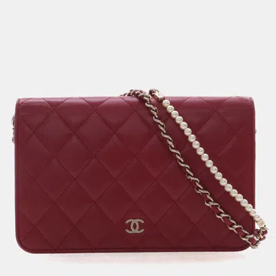 Pre-owned Chanel Quilted Crystal Pearl Cc Red Lambskin Wallet On Chain Bag
