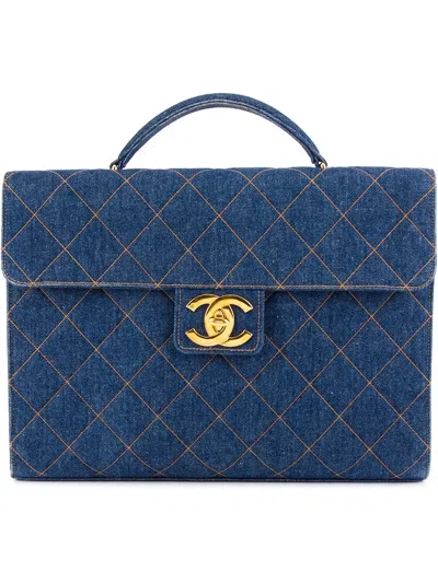 Pre-owned Chanel Quilted Denim Briefcase In Blue