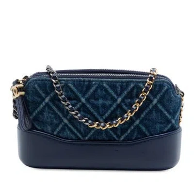 Pre-owned Chanel Quilted Denim Gabrielle Double Zip Clutch With Chain In Blue