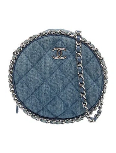 Pre-owned Chanel Quilted Denim Round Clutch W/ Chain In Blue