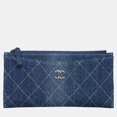 Pre-owned Chanel Quilted Denim Zip Pouch Wallet In Blue