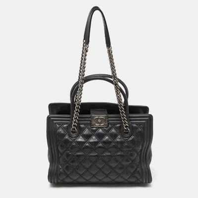 Pre-owned Chanel Quilted Double Stitch Leather Boy Tote In Black