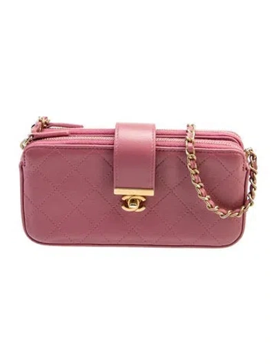 Pre-owned Chanel Quilted Double Zip Clutch W/ Chain In Pink