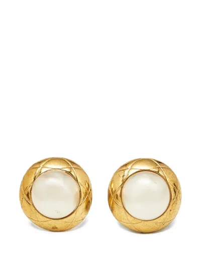 Pre-owned Chanel Quilted Faux Pearl Earrings In Gold