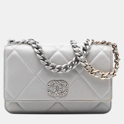 Pre-owned Chanel Quilted Grey Lambskin 19 Wallet On Chain In Gray