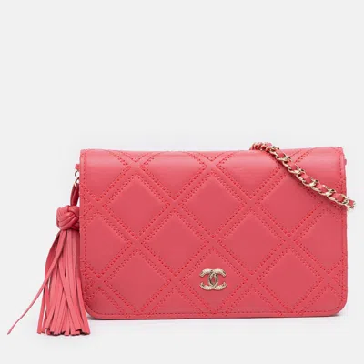 Pre-owned Chanel Quilted Lambskin Double Stitch Tassel Wallet On Chain In Pink