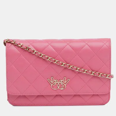 Pre-owned Chanel Quilted Lambskin Emoticon Wallet On Chain In Pink