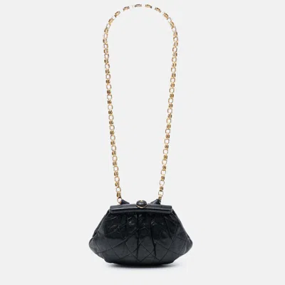 Pre-owned Chanel Quilted Lambskin Frame Bijoux Chain Kiss Lock Belt Bag In Black