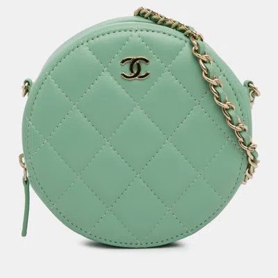 Pre-owned Chanel Quilted Lambskin Round Crossbody In Green