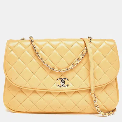 Pre-owned Chanel Quilted Leather Large Pagode Piping Flap Bag In Yellow