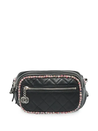 Chanel Quilted Leather Tweed-trim Belt Bag In Black