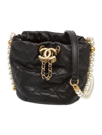 Pre-owned Chanel Quilted Mini About Pearls Bucket Bag In Black