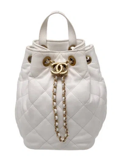 Pre-owned Chanel Quilted Mini Drawstring Bucket Backpack In White