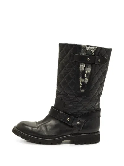 Pre-owned Chanel Quilted Motorcycle Boots In Black