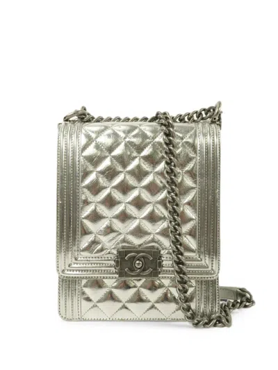 Pre-owned Chanel Quilted North South Boy Shoulder Bag In Silver