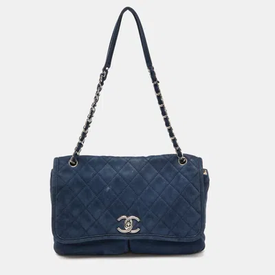 Pre-owned Chanel Quilted Nubuck Leather Large Split Pocket Flap Bag In Blue