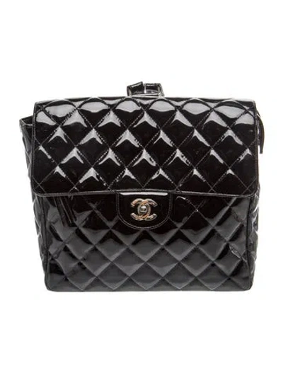 Pre-owned Chanel Quilted Patent Cc Flap Backpack In Black
