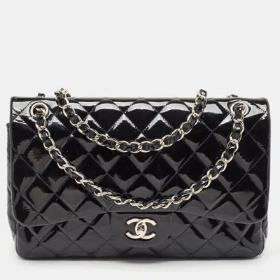 Pre-owned Chanel Quilted Patent Leather Jumbo Classic Double Flap Bag In Black